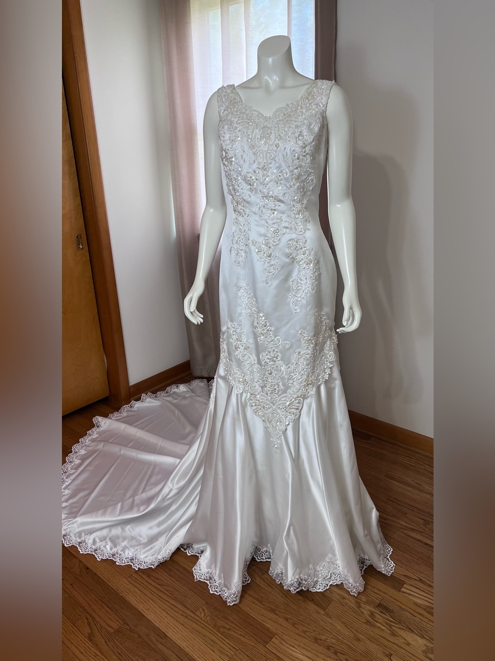 Vintage Ted Lapidus white satin wedding gown.